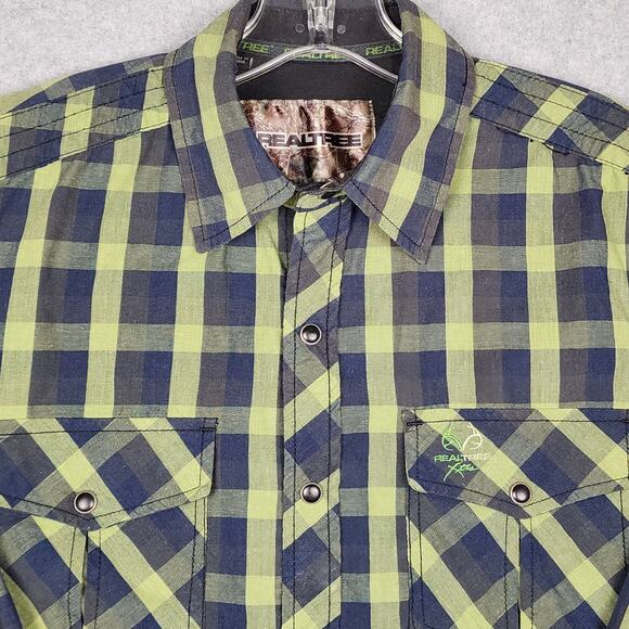 Realtree Men's Long Sleeve Shirt Snap Up Blue Green Plaid Small Hunting Outdoors - Picture 1 of 12